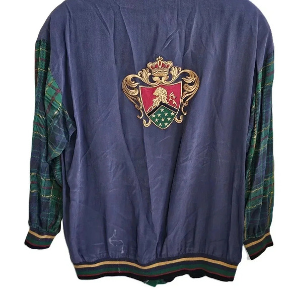 Vintage 90s Sunny Leigh Silk Button Up Multicolor Jacket Tartan Sleeves Small - Picture 5 of 6